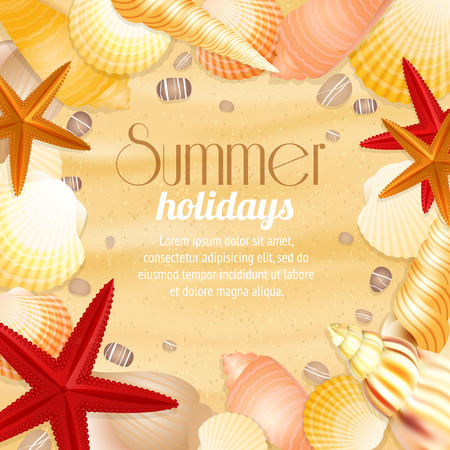 Summer holiday vacation travel background poster with beach sand seashells and starfish illustrationのイラスト素材