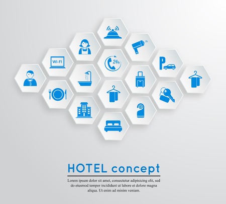 Hotel travel accommodation emblem concept with icons blue on white hexagonal shape set isolated  illustrationのイラスト素材