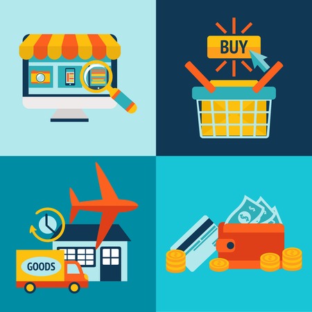 Online shopping business icons set of internet catalog purchase and delivery service illustrationのイラスト素材