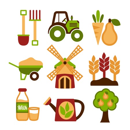 Farming harvesting and agriculture icons set of natural organic fruits and vegetables isolated illustrationのイラスト素材
