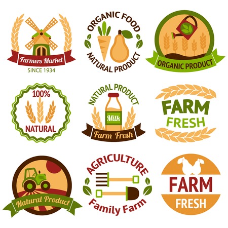 Farming harvesting and agriculture badges or labels set on white background isolated illustrationのイラスト素材
