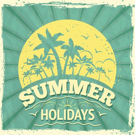Summer holiday vacation travel background poster with sunset and palm trees illustrationのイラスト素材