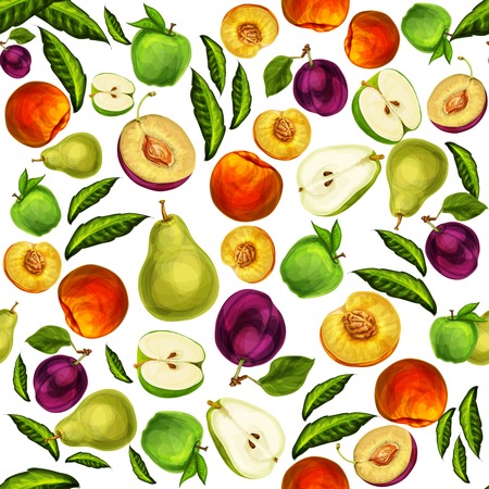 Seamless mixed ripe juicy sliced fruits pattern background with apple plum peach and pear hand drawn sketch illustrationのイラスト素材