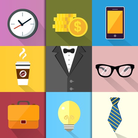 Business suits, Icons set of coffee glasses lightbulb coins and mobile phone のイラスト素材