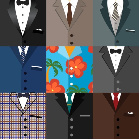 Business decorative icons set of classic modern dude hipster tuxedo suits with ties bows and one aloha shirt のイラスト素材