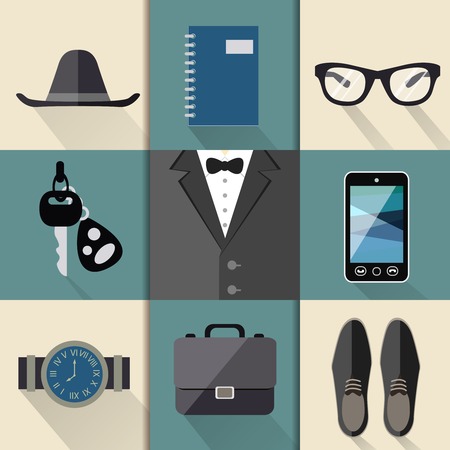 Gentleman business suit web design elements with watches hat glasses shoes and mobile phone folders のイラスト素材