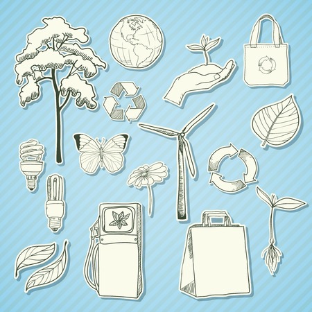 Ecology and environment stickers set of tree leaf and hand with sprout isolated のイラスト素材