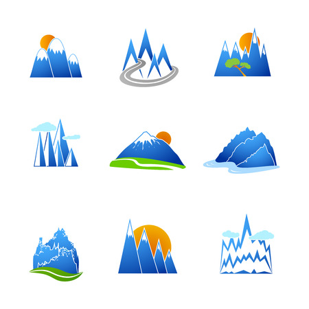 A collection of blue mountains peaks outlines with sun and clouds pictograms icons set のイラスト素材