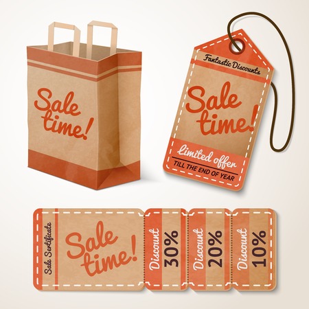 Set of cardboard sale banners and labels with paper bag and bookmark isolated のイラスト素材