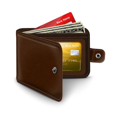Classic modern brown leather pocket open wallet with credit card money bills and id document のイラスト素材