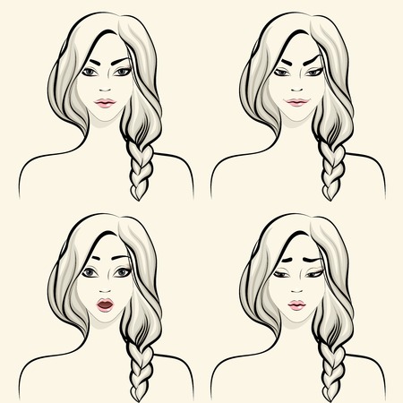 Woman facial emotions design elements set of smile surprise confusion and anger isolated のイラスト素材