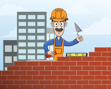 Construction site mason worker in helmet building red brick wall with trowel vector illustrationのイラスト素材