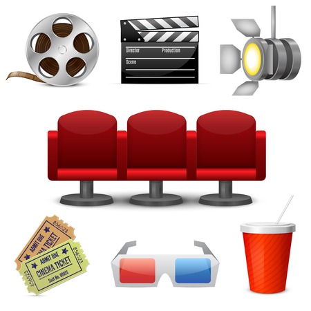 Cinema entertainment decorative icons set of film movie tickets and theatre chairs design elements isolated のイラスト素材
