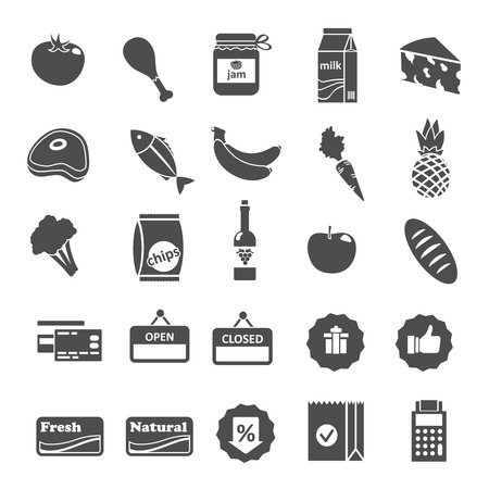 Supermarket food grocery items and symbols icons or stickers set isolated のイラスト素材