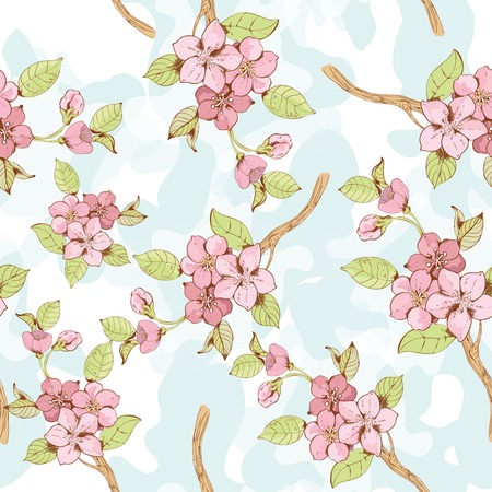 Blooming sakura tree branch seamless pattern with blue blotchiness on backgroundのイラスト素材