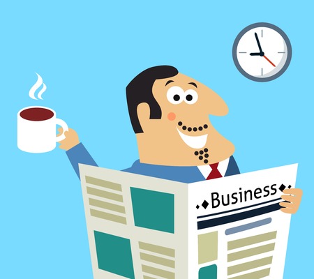 Business life morning happy boss with coffee mug and newspaper reading news stock prices scene concept  illustrationのイラスト素材
