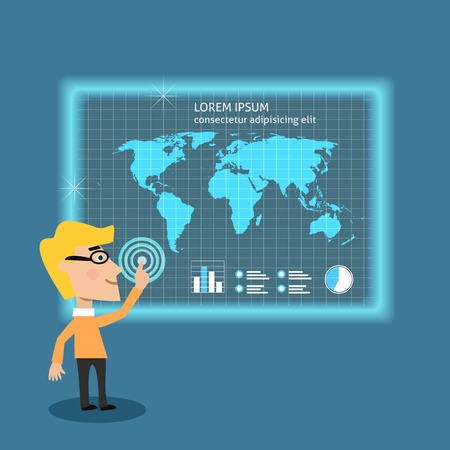 Abstract adult business man analyzing big data using touch screen board concept illustrationのイラスト素材