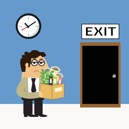 Business life sad employee with personal belongings box goes to exit door fire scene concept illustrationのイラスト素材
