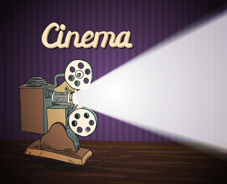Cinema entertainment doodle concept poster with retro camera projector and beam of light illustrationのイラスト素材