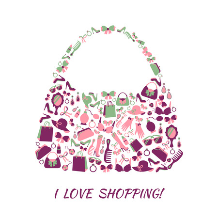 Woman shopping bag purse made of girl accessories and love shopping text poster illustrationのイラスト素材