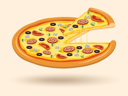 Round hot delicious tasty meat cheese olive tomato mushroom pizza with cut slice emblem illustrationのイラスト素材