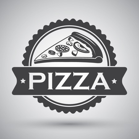 Fast food cheese tomatoes salami pepper pizza slice emblem illustrationのイラスト素材