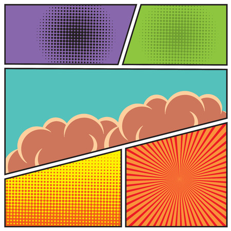 Comics pop art style blank layout template with clouds beams and dots pattern background vector illustrationのイラスト素材