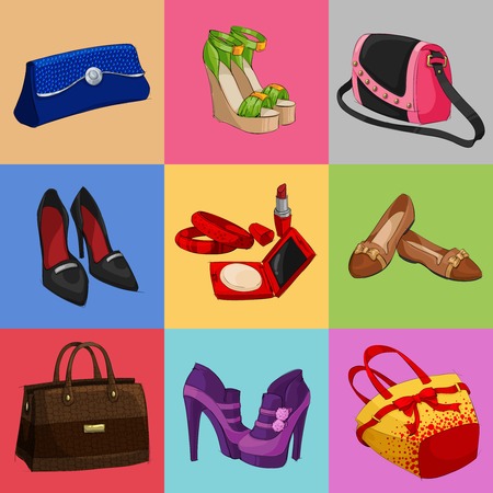 Women fashion bags classic shoes and modern accessories collection of decorative icons illustrationのイラスト素材