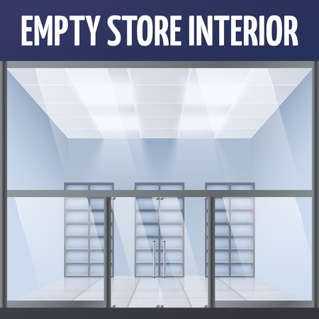 Illuminated empty department store building interior with shelves illustrationのイラスト素材