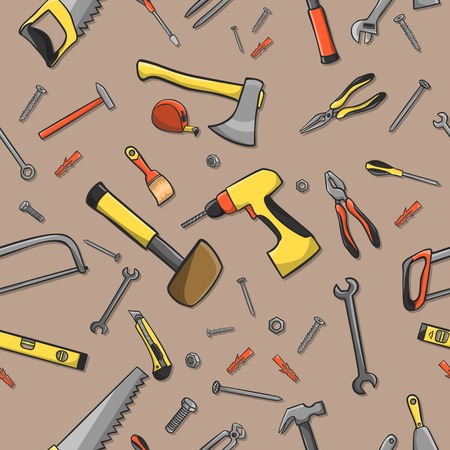 Home construction tools on a seamless brown pattern background illustrationのイラスト素材