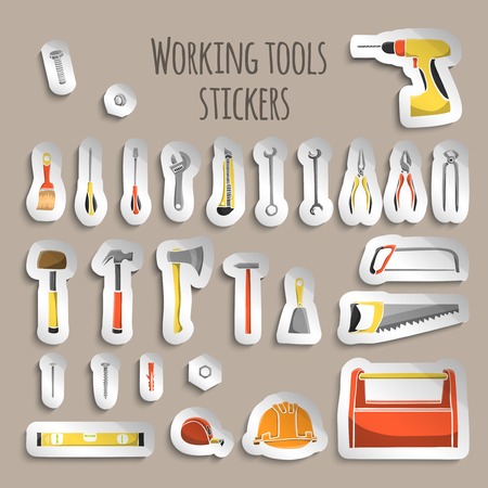 A collection of decorative construction or carpenter tool icons on stickers set illustrationのイラスト素材