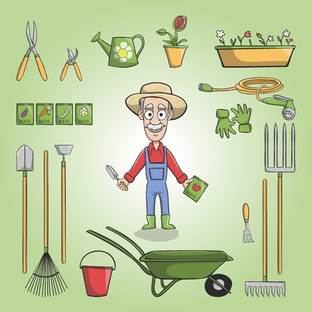 Happy gardener cartoon character in hat with plants seeds and tools set illustrationのイラスト素材