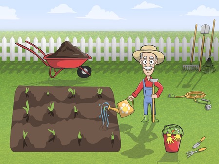 Happy gardener cartoon character in hat watering plants and soil concept poster illustrationのイラスト素材