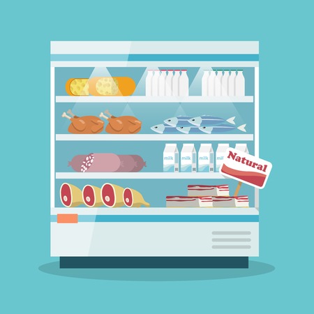 Supermarket thermocool refrigerator shelves food collection with milk fish meat cheese chicken sausage cake flat illustrationのイラスト素材