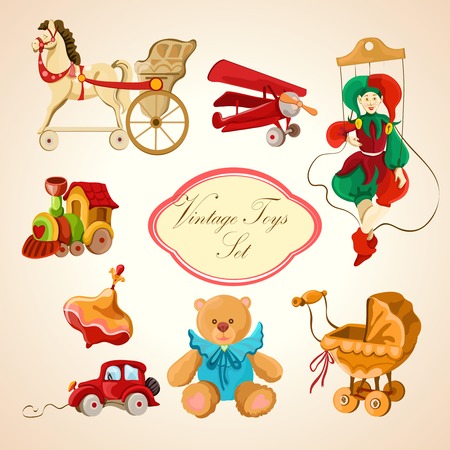 Decorative children toys sketch icons set of horse airplane puppet train isolated illustrationのイラスト素材