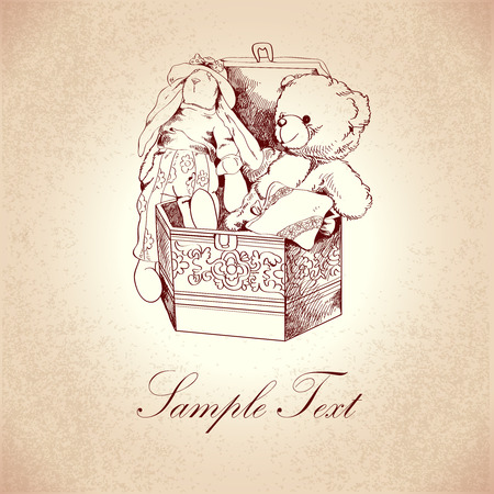 Vintage box with flower ornament and retro teddy bear and rabbit toys post card template illustrationのイラスト素材