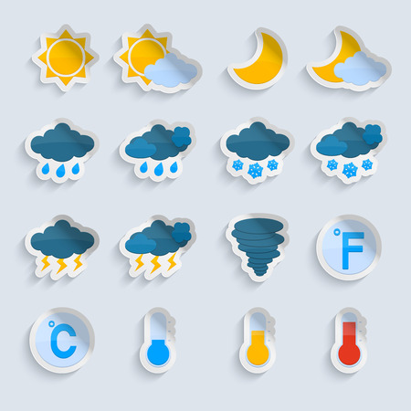 Weather forecast symbols paper stickers set of sun clouds rain and snow isolated illustrationのイラスト素材