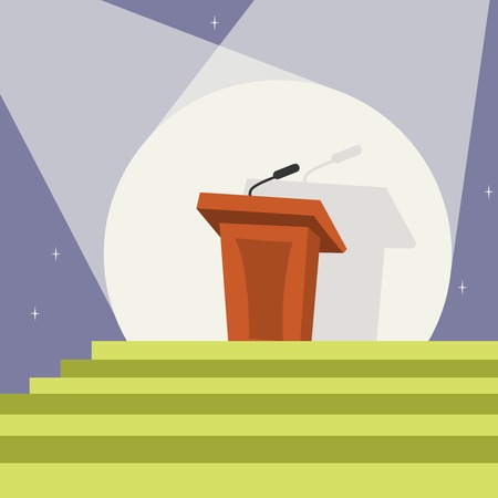 Illuminated tribune podium with microphone in spotlight and stairs template print vector illustrationのイラスト素材