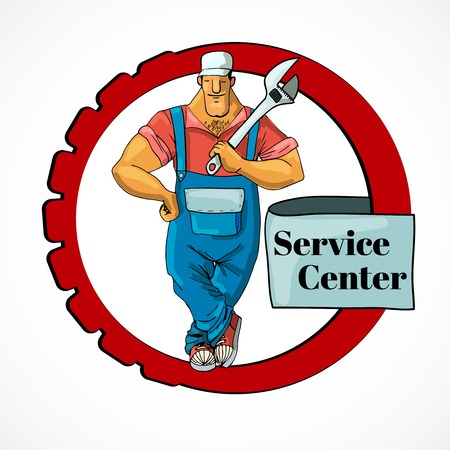 Muscular plumber service center worker in frame with monkey wrench character vector illustrationのイラスト素材