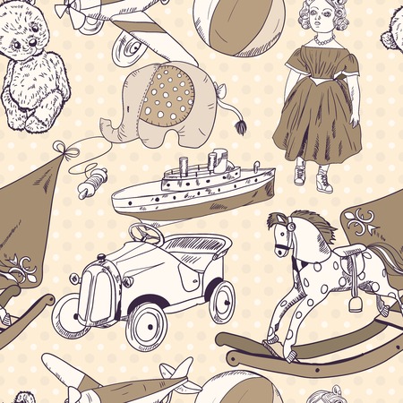 Old style kids toys sketch seamless pattern of kite ball rocking horse doll vector illustrationのイラスト素材