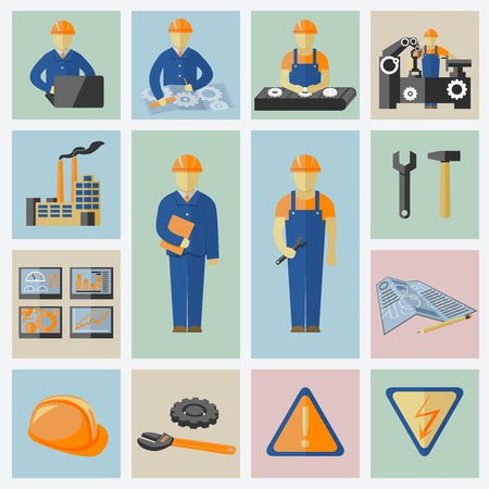 Engineering and construction icons set of workers tools computer data safety and warning vector illustrationのイラスト素材