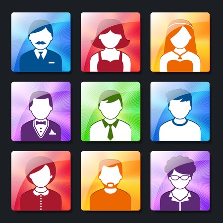Social networks avatar pictograms of male and female user profiles on radiating background icons collection isolated vector illustrationのイラスト素材