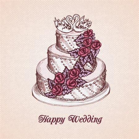 Happy wedding greeting card with cake decorated with cream flower garland and swans vector illustrationのイラスト素材
