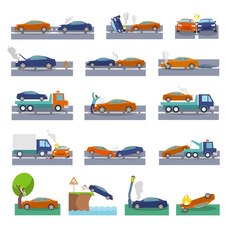Car crash and accidents icons set with collision fire flood insurance events vector illustrationのイラスト素材