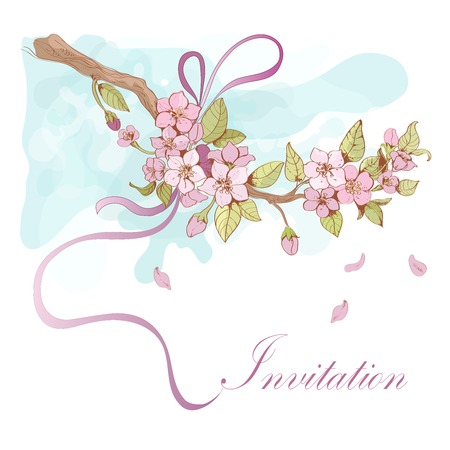 Sakura cherry invitation card template with pink petals and ribbon decorative vector illustrationのイラスト素材