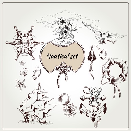 Sea set of ancient nautical design elements as anchor bell and seagull collection hand drawn isolated vector illustrationのイラスト素材