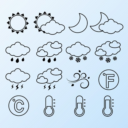 Weather forecast symbols contour pictograms set of clear stormy and snowy sky vector illustrationのイラスト素材