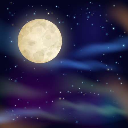 Night sky with full moon and sparkling stars on dark background vector illustrationのイラスト素材