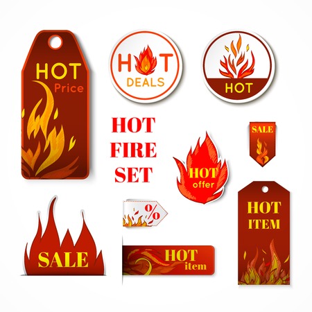 Hot price fire flame paper sale discount promotion labels badges and tags isolated vector illustration.のイラスト素材