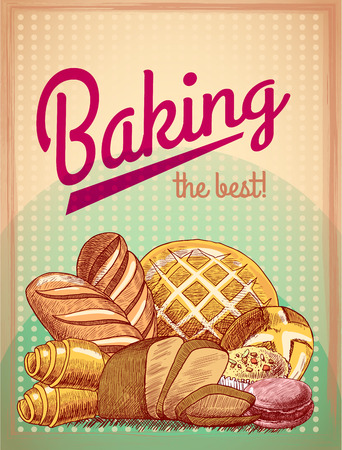 Baking the best pastry food poster template with bread and cake assortment vector illustrationのイラスト素材